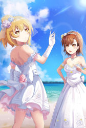 Rule 34 | + +, 2girls, :o, absurdres, arm garter, backless dress, backless outfit, bare shoulders, beach, blonde hair, blue sky, breasts, bridal veil, bride, brown eyes, brown hair, cloud, day, dress, earrings, gloves, hair between eyes, hair bun, hair up, hand on own hip, hand up, highres, jewelry, looking at another, looking at viewer, medium breasts, misaka mikoto, multiple girls, necklace, outdoors, pointing, pointing at another, qszj123, shokuhou misaki, short hair, shoulder blades, single hair bun, sky, smile, strapless, strapless dress, sun, toaru kagaku no railgun, toaru majutsu no index, veil, water, wedding dress, white dress, white gloves, yellow eyes