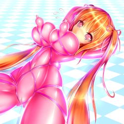Rule 34 | 1girl, bdsm, blonde hair, bodysuit, breasts, cameltoe, covered erect nipples, highres, latex, pink eyes, ronald (takeronald), shibari, solo, takeronald, twintails