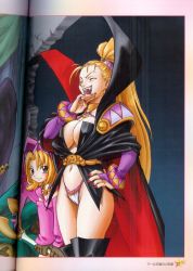 Rule 34 | 2girls, :d, bikini, black legwear, blonde hair, boots, border, breasts, bridal gauntlets, cape, cleavage, copyright name, cowboy shot, dress, fangs, gloves, hand on own hip, high ponytail, highleg, highleg bikini, highres, indoors, large breasts, laughing, leaning forward, long hair, long sleeves, looking at viewer, marjoly, marl kingdom, multiple girls, myao (marl kingdom), nail polish, navel, nippon ichi, no bra, open mouth, page number, pink dress, puppet princess (marl kingdom), red nails, revealing clothes, ryoji (nomura ryouji), small breasts, smile, staff, standing, stomach, swimsuit, thigh boots, thighhighs, very long hair, white bikini, witch