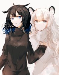 Rule 34 | 2girls, animal ears, arknights, black hair, black sweater, blue eyes, blue hair, blunt bangs, blush, braid, casual, cat ears, cat girl, commentary, english commentary, grey eyes, gupipy, hand on another&#039;s shoulder, highres, holding another&#039;s arm, kjera (arknights), long hair, multicolored hair, multiple girls, parted lips, pramanix (arknights), short hair, signature, sweater, turtleneck, turtleneck sweater, twin braids, white hair, white sweater