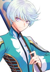 Rule 34 | 1boy, bae (baebae), grey hair, highres, holding, holding staff, light smile, looking to the side, male focus, mikleo (tales), purple eyes, short hair, solo, staff, swept bangs, tales of (series), tales of zestiria, upper body, white background