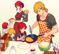 Rule 34 | 2boys, 3girls, apron, blue eyes, braid, cereal, child, cooking, family, food, french braid, gradient background, green background, green eyes, hair ornament, hairclip, if they mated, jaune arc, ketchup, light smile, multiple boys, multiple girls, omelet, omurice, polka dot, polka dot apron, pregnant, pyrrha nikos, rwby, simple background, smile, sora (efr), spoon, tan background, teeth