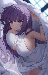 Rule 34 | 1girl, :t, arm up, bed sheet, blurry, blurry background, blush, bracelet, breasts, cleavage, closed mouth, commentary request, dress, fern (sousou no frieren), highres, jewelry, large breasts, long hair, looking at viewer, nahaki, pout, purple eyes, purple hair, solo, sousou no frieren, sweat, under covers, very long hair, white dress, window