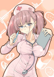 Rule 34 | 1girl, alternate costume, atlanta (kancolle), bespectacled, breasts, brown hair, clipboard, cowboy shot, digital thermometer, dress, earrings, fyuo, glasses, hat, highres, holding, holding thermometer, jewelry, kantai collection, large breasts, long hair, long sleeves, nurse, nurse cap, pink dress, short dress, smile, solo, star (symbol), star earrings, stethoscope, thermometer, two side up