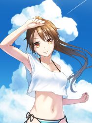 Rule 34 | 1girl, armpits, bikini, bikini bottom only, bikini under clothes, blue sky, breasts, brown eyes, brown hair, clenched hands, closed mouth, cloud, cloudy sky, commentary request, contrail, day, halterneck, hand up, head tilt, highres, long hair, looking at viewer, medium breasts, nail polish, navel, no pants, off shoulder, pink nails, ponytail, shirt, side-tie bikini bottom, sky, smile, solo, string bikini, striped bikini, striped bikini bottom, striped clothes, sugi 214, swimsuit, upper body, white shirt
