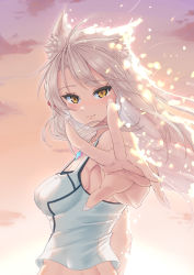 Rule 34 | 1girl, absurdres, alternate hair length, alternate hairstyle, animal ears, braid, breasts, chest jewel, from behind, highres, light particles, looking at viewer, mio (xenoblade), reaching, reaching towards viewer, sky, spoilers, tank top, togin, xenoblade chronicles (series), xenoblade chronicles 3, yellow eyes