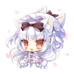Rule 34 | 1girl, :d, animal-themed umbrella, animal ears, azur lane, bare shoulders, big head, black bow, blush, boots, bow, brown eyes, center frills, chibi, commentary request, dress, fang, frills, full body, hair bow, holding, holding umbrella, knee boots, long hair, long sleeves, looking at viewer, off-shoulder dress, off shoulder, open mouth, petals, ryuuka sane, shirt, silver hair, simple background, sleeveless, sleeveless shirt, smile, solo, standing, standing on one leg, umbrella, very long hair, white background, white dress, white footwear, white shirt, white umbrella, yukikaze (azur lane), yukikaze (sovereign of the swing) (azur lane)