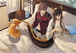 Rule 34 | 2boys, abs, antenna hair, barefoot, bed, blue eyes, brown hair, chest belt, closed eyes, closed mouth, commentary request, dragon horns, dragon tail, genshin impact, gradient hair, highres, holding another&#039;s tail, horns, japanese clothes, kanangnsn, kimono, lamp, long hair, long sleeves, multicolored hair, multiple boys, muscular, muscular male, on bed, open mouth, orange hair, pillow, red shirt, shirt, tail, tartaglia (genshin impact), vision (genshin impact), white curtains, white kimono, yaoi, zhongli (genshin impact)