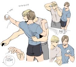 Rule 34 | 2boys, bara, black shorts, blonde hair, blue shirt, brown hair, brushing hair, closed eyes, comb, couple, curtained hair, grey pants, grey shirt, holding, holding comb, jack krauser, leon s. kennedy, looking at another, male focus, multiple boys, multiple views, muscular, muscular male, pants, resident evil, resident evil: the darkside chronicles, resident evil 4, resident evil 4 (remake), shirt, short hair, shorts, simple background, smile, tatsumi (psmhbpiuczn), translation request, white background, yaoi