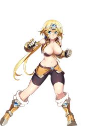 Rule 34 | 1girl, armlet, awakening (sennen sensou aigis), bare shoulders, bike shorts, bikini, bikini top only, blonde hair, blue eyes, boots, breasts, cameltoe, cleavage, collarbone, crown, fighting stance, full body, gauntlets, gina (sennen sensou aigis), jacket, knee boots, large breasts, legs, long hair, looking at viewer, midriff, navel, official art, ponytail, scar, sennen sensou aigis, shorts, sleeveless, smile, solo, swimsuit, thighs, transparent background, vest, white background