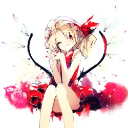 Rule 34 | 1girl, blonde hair, bow, dress, flandre scarlet, hat, interlocked fingers, long hair, one eye closed, own hands clasped, own hands together, red eyes, side ponytail, simple background, sitting, sketch, smile, solo, tecoyuke, touhou, white background, wings