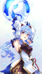 Rule 34 | 1girl, ahoge, armpits, arms up, bell, black gloves, black pantyhose, blue hair, breasts, cowboy shot, detached sleeves, ganyu (genshin impact), genshin impact, gloves, gold trim, highres, horns, is ii, long hair, looking at viewer, low ponytail, medium breasts, neck bell, open mouth, orb, pantyhose, purple eyes, sideboob, sidelocks, solo, thighlet, white sleeves