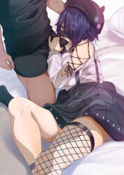 Rule 34 | 1boy, 1girl, aogiri koukou, apron, black blindfold, blindfold, breasts, clothed sex, crescent, crescent hat ornament, fellatio, fellatio over clothes, fishnet thighhighs, fishnets, frilled apron, frills, fumihiko (fu mihi ko), hair over one eye, hat ornament, highres, huge breasts, oral, otodama tamako, purple hair, red eyes, suspenders, thighhighs, virtual youtuber, zettai ryouiki