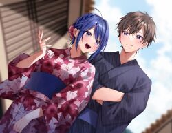 Rule 34 | 1boy, 1girl, :d, ahoge, blue eyes, blue hair, blue kimono, blurry, blurry background, blush, braid, brown hair, chigusa minori, closed mouth, commentary request, cowboy shot, crossed arms, floral print, hair bun, highres, himeno akira, japanese clothes, jitsuha imouto deshita., kimono, looking at another, majima ryouta, obi, official art, open mouth, outdoors, purple eyes, sash, short hair, sidelocks, smile, sunlight, teeth, unmoving pattern, upper teeth only, wide sleeves