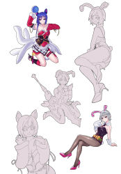 Rule 34 | 2girls, ahri (league of legends), animal ears, armpits, ball, breasts, carrot, claw pose, cleavage, detached collar, detached sleeves, fake animal ears, gloves, grin, high heels, highres, jey rain, kneeling, league of legends, multiple girls, multiple tails, pantyhose, pink footwear, playboy bunny, purple eyes, purple hair, rabbit ears, rabbit tail, red eyes, riven (league of legends), shoes, short hair, silver hair, simple background, single glove, sitting, smile, tail, wariza, white background, wrist cuffs