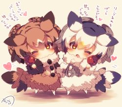 Rule 34 | 10s, 2girls, ;o, bird tail, black hair, blush, brown coat, brown eyes, brown hair, candy apple, chibi, coat, eurasian eagle owl (kemono friends), food, fur-trimmed coat, fur-trimmed sleeves, fur collar, fur trim, grey coat, head tilt, head wings, heart, holding, holding food, kemono friends, long sleeves, looking at viewer, multicolored hair, multiple girls, muuran, no shoes, northern white-faced owl (kemono friends), one eye closed, open mouth, orange hair, pantyhose, signature, standing, tail, translation request, white hair, white legwear, wings