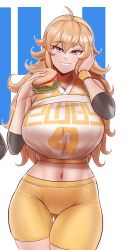 Rule 34 | 1girl, absurdres, aestheticc-meme, ahoge, artist name, bare shoulders, blonde hair, blush, breasts, collarbone, cropped, curvy, elbow pads, english text, food, gluteal fold, burger, highres, holding, huge breasts, long hair, looking at viewer, midriff, navel, purple eyes, rwby, short hair, smile, solo, sportswear, stomach, thick thighs, thigh gap, thighs, third-party edit, wide hips, wristband, yang xiao long