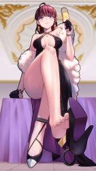 Rule 34 | 1girl, absurdres, alcohol, barefoot, champagne, crossed legs, cup, dolla (dark rose) (nikke), dolla (nikke), dress, drinking glass, feet, goddess of victory: nikke, highres, long hair, looking at viewer, purple eyes, red hair, shoe dangle, sitting, soles, toes, wine glass