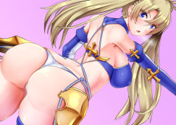 Rule 34 | 1girl, ass, blonde hair, blue gloves, bradamante (fate), bradamante (third ascension) (fate), braid, breasts, butt crack, covered erect nipples, dutch angle, elbow gloves, fate/grand order, fate (series), french braid, from behind, gloves, gradient background, hair between eyes, karinaga raizan, large breasts, long hair, looking at viewer, looking back, open mouth, revealing clothes, skindentation, solo, thong, twintails