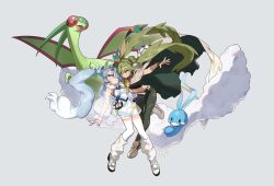Rule 34 | 2girls, absurdres, altaria, blue hair, breasts, cape, creatures (company), double bun, dress, dual persona, flygon, flying miku (project voltage), full body, game freak, gen 3 pokemon, gloves, gradient hair, great ball, green hair, grey background, grey hair, ground miku (project voltage), hair between eyes, hair bun, hair over one eye, hatsune miku, highres, leg warmers, long hair, medium breasts, multicolored hair, multiple girls, nail polish, nintendo, orange eyes, orange hair, pants, poke ball, poke ball (basic), pokemon, pokemon (creature), project voltage, shoes, simple background, single glove, tissue0330, torn cape, torn clothes, twintails, vocaloid, white hair