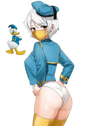 Rule 34 | 1girl, absurdres, ass, bad id, bad pixiv id, blue headwear, blue shirt, breasts, brown eyes, disney, donald duck, genderswap, genderswap (mtf), hat, highres, lee0110, leotard, long sleeves, looking at viewer, looking back, mask, medium breasts, mouth mask, personification, sailor collar, sailor hat, sailor shirt, shirt, short hair, simple background, standing, surgical mask, thighhighs, wedgie, white background, white hair, white leotard, yellow thighhighs