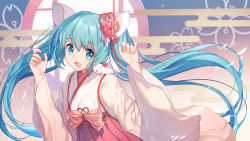 Rule 34 | 1girl, :d, alternate costume, animal, animal ears, animal on shoulder, aqua eyes, aqua hair, bison cangshu, bow, colored eyelashes, commentary request, egasumi, floral background, flower, gradient background, hair flower, hair ornament, hakama, hakama skirt, hands up, hatsune miku, highres, japanese clothes, kemonomimi mode, kimono, long hair, long sleeves, looking at viewer, miko, mouse (animal), mouse ears, open mouth, pink bow, pink flower, red hakama, red ribbon, ribbon, skirt, smile, solo, twintails, upper body, very long hair, vocaloid, white kimono, wide sleeves