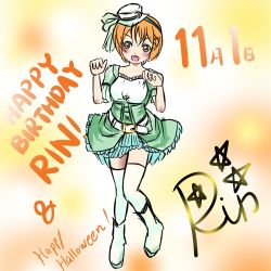 Rule 34 | 1girl, artist name, artist request, bare shoulders, belt, blush, boots, bow, bowtie, breasts, cleavage, clenched hands, collarbone, crescent print, cross-laced clothes, cross-laced dress, dancing stars on me, dress, female focus, frilled dress, frills, full body, gloves, green bow, green dress, green eyes, green ribbon, green skirt, hair between eyes, hair ornament, hat, hat bow, hat ribbon, high heel boots, high heels, hoshizora rin, looking at viewer, love live!, love live! school idol festival, love live! school idol project, miniskirt, moon print, orange hair, parted lips, paw pose, plaid, plaid dress, plaid skirt, pleated, pleated dress, pleated skirt, puffy short sleeves, puffy sleeves, ribbon, shoes, short hair, short sleeves, skirt, small breasts, smile, solo, standing, v-shaped eyebrows, white belt, white dress, white footwear, white gloves, white hat, white legwear, white skirt, wing collar, x hair ornament, yellow eyes