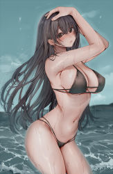 Rule 34 | 1girl, amane ruri, arms up, bikini, black bikini, black hair, blush, breasts, cleavage, closed mouth, large breasts, long hair, looking at viewer, original, outdoors, partially submerged, solo, swimsuit, thighs, water