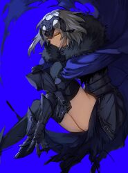 Rule 34 | 1girl, armor, armored boots, armored dress, black dress, black thighhighs, blue background, boots, cape, closed mouth, commentary, dress, fate/samurai remnant, fate (series), fur-trimmed cape, fur trim, gauntlets, grey hair, half-closed eyes, headpiece, highres, jeanne d&#039;arc alter (fate), kashia, plackart, purple cape, short hair, simple background, solo, thighhighs, thighs, torn cape, torn clothes, yellow eyes