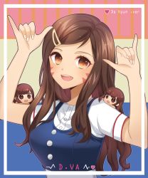 Rule 34 | 1girl, :d, alternate costume, breasts, brown eyes, brown hair, buttons, character name, chibi, d.va (overwatch), double m/, dress, eyelashes, facepaint, facial mark, fingernails, hair ornament, hairclip, hands up, heart, highres, kaoruru (sakuno2911), long fingernails, long hair, looking at viewer, m/, open mouth, overwatch, overwatch 1, shirt, short sleeves, sleeveless, sleeveless dress, smile, solo, swept bangs, teeth, twice (group), undershirt, upper body, upper teeth only, whisker markings, white shirt