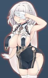Rule 34 | 1girl, :q, arm up, armpits, azur lane, black dress, braid, breast curtains, breasts, cleavage, covered navel, covering own eyes, cowboy shot, dress, french braid, garter straps, gloves, jorin, large breasts, pelvic curtain, revealing clothes, short dress, short hair, side braid, silver hair, simple background, sirius (azur lane), sirius (azure horizons) (azur lane), solo, thighhighs, tongue, tongue out, white gloves, white thighhighs
