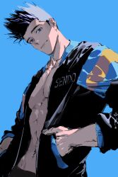 Rule 34 | 1boy, abs, absurdres, bikkusama, black hair, black jacket, blue background, blue jacket, closed mouth, highres, jacket, looking at viewer, male focus, multicolored clothes, multicolored jacket, muscular, muscular male, navel, open clothes, pectorals, sendou akira, short hair, simple background, slam dunk (series), smile, solo, upper body, yellow jacket