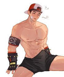 Rule 34 | 1boy, ?, ??, abs, armband, backwards hat, bandaid, bandaid on cheek, bandaid on face, bara, baseball cap, beom liben, black armband, black gloves, black male underwear, boyoishere, brown hair, bulge, commission, commissioner upload, cowboy shot, erection, erection under clothes, fingerless gloves, gloves, hat, highres, large pectorals, male focus, male underwear, muscular, muscular male, navel, one eye closed, open mouth, original, pectorals, short hair, simple background, sitting, squeans, solo, spiked gloves, spread legs, topless male, underwear, underwear only, white background