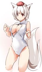 Rule 34 | 1girl, animal ears, breasts, cleavage, female focus, front zipper swimsuit, hat, inubashiri momiji, kamukamu (ars), large breasts, meme attire, one-piece swimsuit, red eyes, silver hair, solo, swimsuit, tail, tokin hat, touhou, unzipped, white one-piece swimsuit, wolf ears, wolf tail