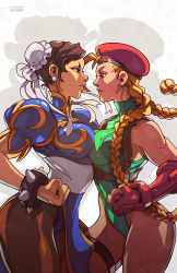 Rule 34 | 2girls, beret, blonde hair, breast press, cammy white, capcom, chinese clothes, chun-li, curvy, edwin huang, eye contact, hat, highleg, highleg leotard, highres, leotard, looking at another, multiple girls, puffy sleeves, shiny clothes, street fighter