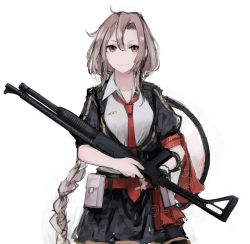 Rule 34 | 1girl, arm ribbon, belt, belt buckle, braid, brown eyes, brown hair, buckle, coin hair ornament, collared shirt, dress shirt, girls&#039; frontline, gun, hair between eyes, hair ornament, highres, holding, holding weapon, light smile, long braid, long hair, looking at viewer, loose necktie, messy hair, military, military operator, military uniform, necktie, open collar, pouch, pump action, rampart1028, red belt, red necktie, ribbon, shield, shield module, shirt, shotgun, sidelocks, simple background, solo, type 97 shotgun, type 97 shotgun (girls&#039; frontline), uniform, upper body, weapon, white background, white shirt