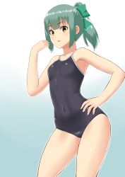 Rule 34 | 1girl, 30-06, bad id, bad pixiv id, black one-piece swimsuit, bow, competition school swimsuit, cowboy shot, gradient background, green hair, hair bow, hand on own hip, highres, kantai collection, looking at viewer, one-piece swimsuit, ponytail, school swimsuit, solo, standing, swimsuit, white background, yellow eyes, yuubari (kancolle)