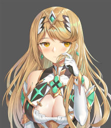 Rule 34 | 1girl, armor, bare shoulders, black background, blonde hair, blush, breasts, cleavage, cleavage cutout, closed mouth, clothing cutout, dress, earrings, elbow gloves, frown, gem, gloves, hand up, jewelry, large breasts, long hair, looking at viewer, mythra (xenoblade), nintendo, playing with own hair, shoulder armor, simple background, sleeveless, sleeveless dress, solo, straight hair, swept bangs, upper body, white dress, white gloves, xenoblade chronicles (series), xenoblade chronicles 2, yaxiya, yellow eyes