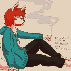 Rule 34 | androgynous, dog, furry, gender request, highres, hood, hoodie, red hair, sasamino, short hair, smoking, solo