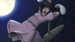 Rule 34 | 1girl, animal ears, arms behind head, bamboo, bamboo forest, barefoot, black hair, rabbit ears, carrot, carrot necklace, dress, female focus, forest, full moon, hammer, inaba tewi, isaki (gomi), jewelry, jumping, looking at viewer, moon, nature, necklace, night, open mouth, pink dress, purple eyes, sky, smile, solo, touhou
