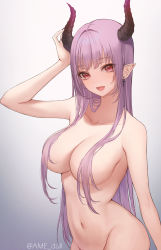 Rule 34 | 1girl, ame 816, arm up, breasts, covered erect nipples, demon, demon girl, ear piercing, earrings, hair over breasts, highres, horns, jewelry, large breasts, looking at viewer, navel, nude, open mouth, original, piercing, pink hair, pointy ears, purple theme, red eyes, smile, solo, upper body