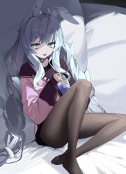 Rule 34 | 1girl, animal ear fluff, animal ears, azur lane, black pantyhose, blue eyes, blue lips, blush, braid, choker, commentary, cup, disposable cup, drinking straw, english commentary, fake animal ears, highres, holding, holding cup, le malin (azur lane), long hair, long sleeves, looking at viewer, low twin braids, mark jin, pantyhose, saliva, saliva trail, sitting, solo, tongue, twin braids, very long hair