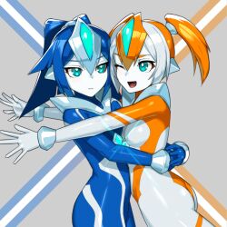 Rule 34 | 2girls, :d, aqua eyes, blue hair, bodysuit, breasts, chest jewel, colored skin, commentary request, fang, highres, hug, medium breasts, multicolored hair, multiple girls, nikunopengin, one eye closed, open mouth, orange hair, original, ponytail, shiny clothes, short twintails, skin tight, smile, tareme, tsuburaya productions, tsurime, twintails, ultra series, white hair, white skin, x girl flair (nikunopengin), x girl selena (nikunopengin)