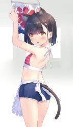 Rule 34 | 1girl, absurdres, animal ear fluff, animal ears, apron, arms up, ass, back, bare arms, bare shoulders, bikini, bikini top only, black hair, black socks, blue shorts, blunt ends, blush, bobby socks, cat ears, cat girl, cat tail, cutoffs, denim, denim shorts, fang, flat chest, from side, hair ornament, hairclip, highres, looking at viewer, looking back, na-ga, open mouth, original, red bikini, short shorts, short sleeves, shorts, skin fang, socks, solo, striped bikini, striped clothes, swimsuit, tail, two-tone background, waist apron, white apron
