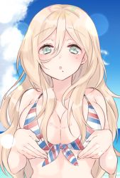 Rule 34 | 1girl, bikini, blonde hair, blue eyes, blush, breasts, cleavage, cloud, collarbone, day, front-tie bikini top, front-tie top, kantai collection, large breasts, long hair, mole, mole under eye, mole under mouth, one-hour drawing challenge, parted lips, richelieu (kancolle), saiki yuzuri, solo, swimsuit, twitter username, upper body
