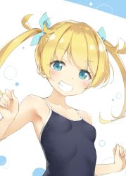 Rule 34 | 1girl, armpits, bare arms, bare shoulders, black one-piece swimsuit, black school swimsuit, blonde hair, blue eyes, blue ribbon, blush, breasts, collarbone, commentary request, competition school swimsuit, grin, hair ribbon, hands up, kani biimu, kiratto pri chan, long hair, looking at viewer, moegi emo, new school swimsuit, one-piece swimsuit, pretty series, ribbon, school swimsuit, small breasts, smile, solo, swimsuit, twintails