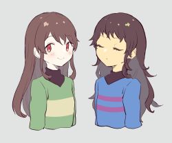 Rule 34 | androgynous, blush, brown hair, chara (undertale), closed eyes, closed mouth, frisk (undertale), long hair, looking at viewer, multiple girls, oshiruko (tsume), red eyes, shirt, simple background, smile, striped clothes, striped shirt, striped sweater, sweater, undertale