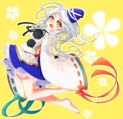 Rule 34 | 1girl, barefoot, female focus, hat, japanese clothes, kamome, kariginu, long hair, long sleeves, mononobe no futo, open mouth, silver hair, solo, tokin hat, touhou, wide sleeves, yellow eyes