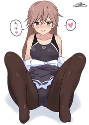 Rule 34 | 1girl, absurdres, arashio (kancolle), arm support, black one-piece swimsuit, black pantyhose, blush, breasts, brown eyes, brown hair, collarbone, competition swimsuit, covered navel, dress, frilled dress, frills, hair between eyes, heart, highres, kantai collection, long hair, long sleeves, looking at viewer, medium breasts, noruren, one-piece swimsuit, open mouth, pantyhose, pantyhose under swimsuit, pinafore dress, shadow, shirt, signature, sitting, sleeveless dress, smile, solo, spread legs, swimsuit, swimsuit under clothes, white background, white shirt
