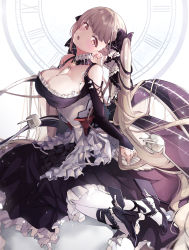 Rule 34 | 1girl, absurdres, azur lane, bare shoulders, between breasts, black dress, black footwear, black ribbon, breasts, cleavage, clothing cutout, detached collar, dress, flight deck, formidable (azur lane), frilled dress, frills, from side, full body, grey hair, hair ribbon, high heels, highres, hpa hakushaku, large breasts, long hair, looking at viewer, looking to the side, necktie, necktie between breasts, pantyhose, red eyes, ribbon, rigging, shoes, shoulder cutout, solo, twintails, two-tone dress, two-tone ribbon, very long hair, white dress, white pantyhose, white ribbon